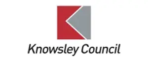 A red and gray logo for knowsley council